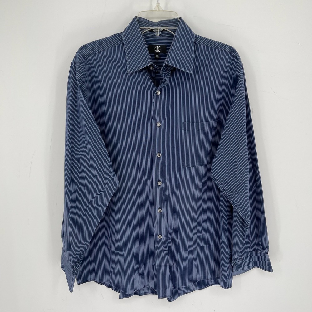 Calvin Klein Men's Navy Blue Striped Long Sleeve Button Front Shirt Size L 16.5
